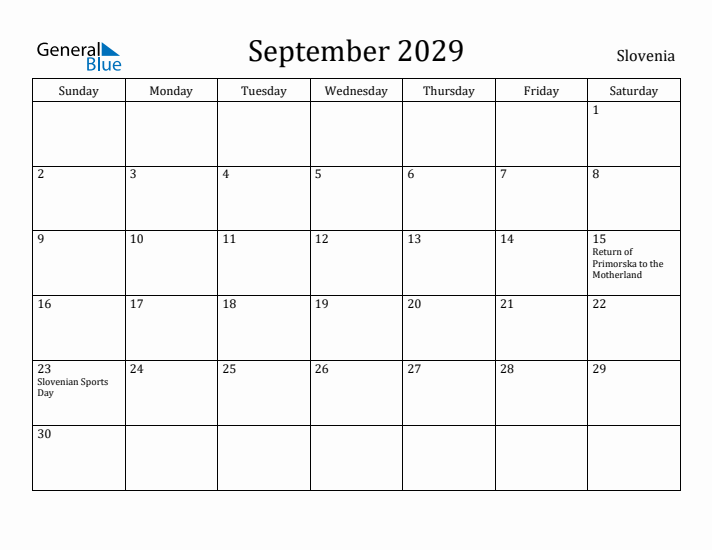 September 2029 Calendar Slovenia