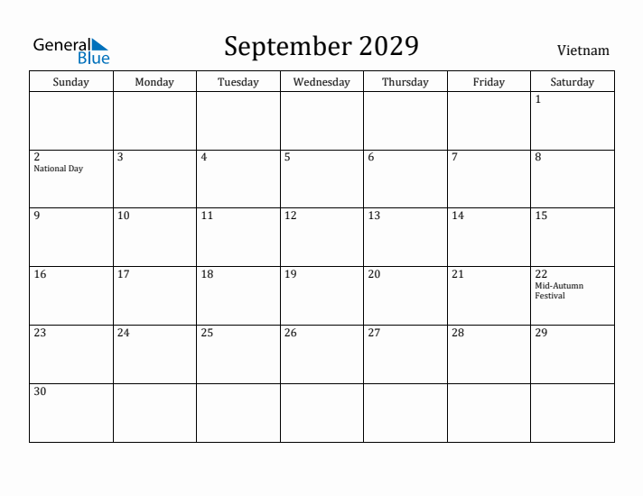 September 2029 Calendar Vietnam