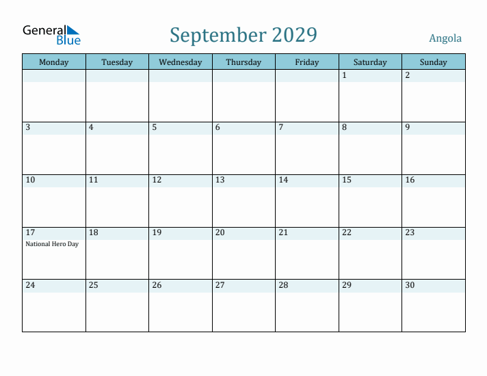 September 2029 Calendar with Holidays