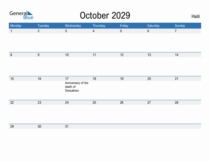 Fillable October 2029 Calendar