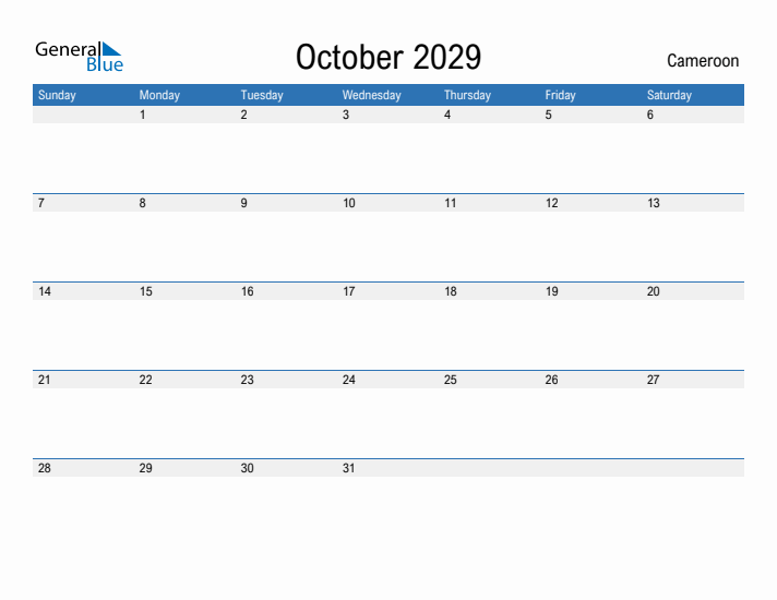 Fillable October 2029 Calendar