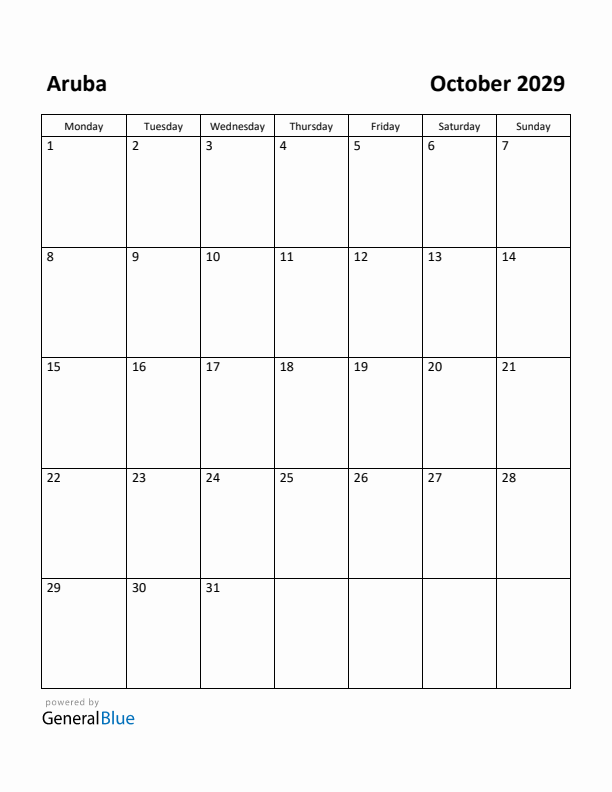 October 2029 Calendar with Aruba Holidays