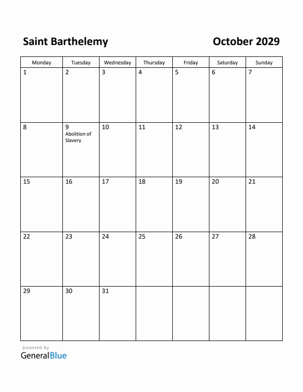 October 2029 Calendar with Saint Barthelemy Holidays