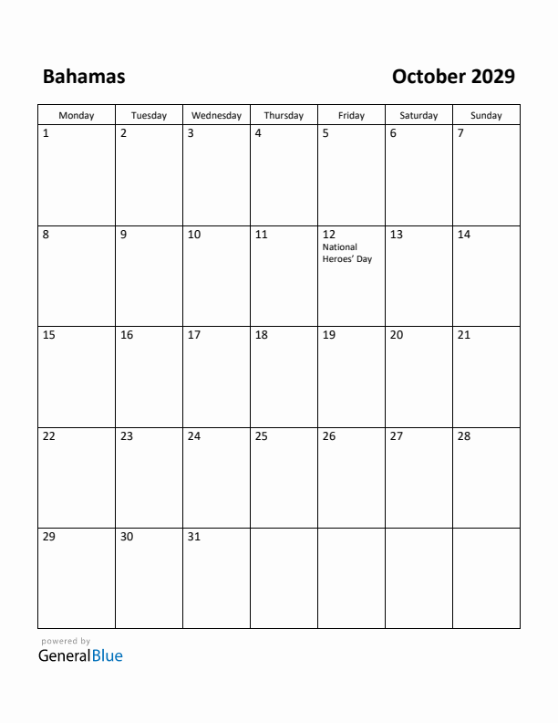 October 2029 Calendar with Bahamas Holidays