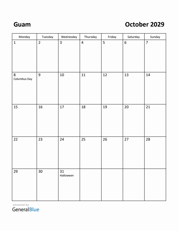October 2029 Calendar with Guam Holidays