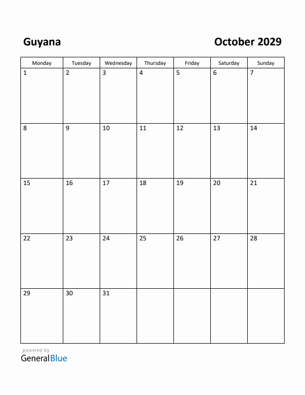 October 2029 Calendar with Guyana Holidays