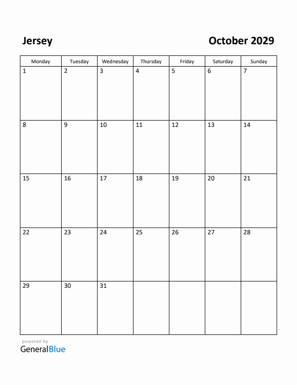 October 2029 Calendar with Jersey Holidays