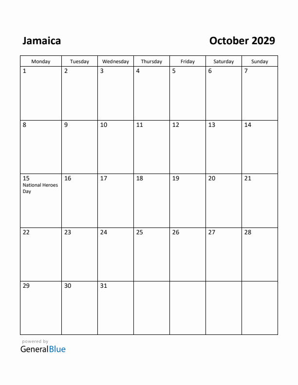 October 2029 Calendar with Jamaica Holidays