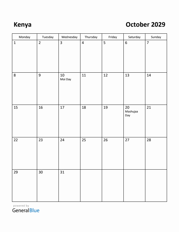 October 2029 Calendar with Kenya Holidays