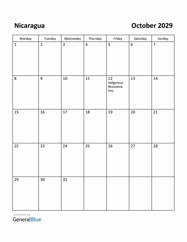 October 2029 Calendar with Nicaragua Holidays