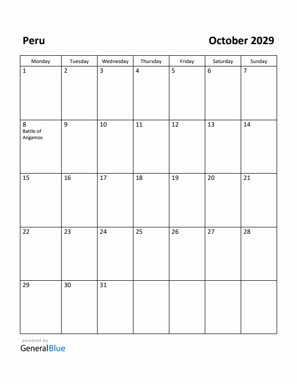 October 2029 Calendar with Peru Holidays