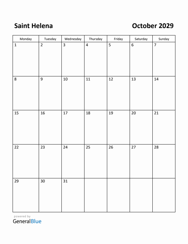 October 2029 Calendar with Saint Helena Holidays