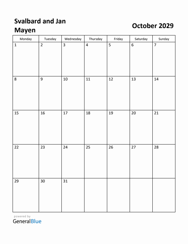 October 2029 Calendar with Svalbard and Jan Mayen Holidays