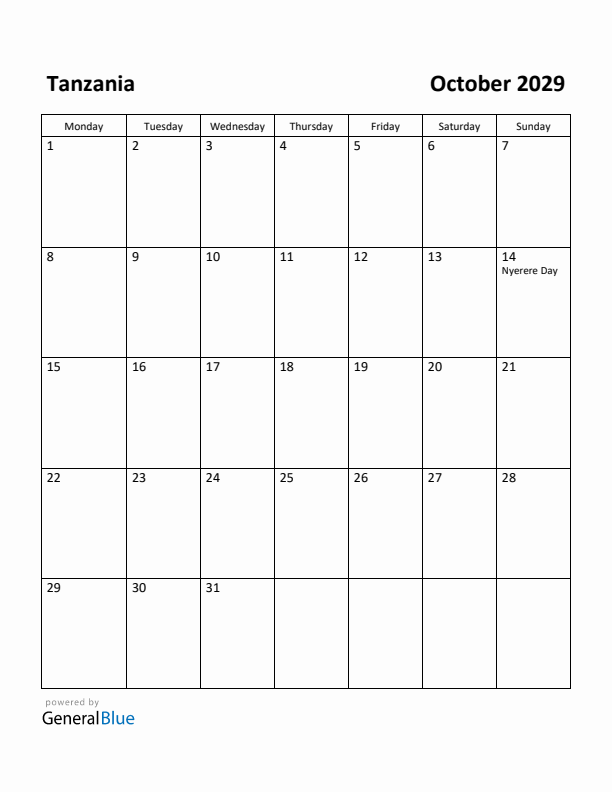 October 2029 Calendar with Tanzania Holidays