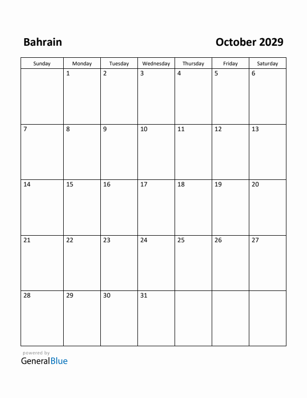 October 2029 Calendar with Bahrain Holidays