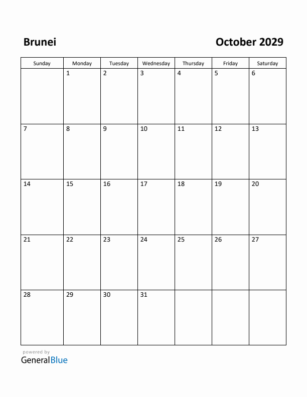 October 2029 Calendar with Brunei Holidays