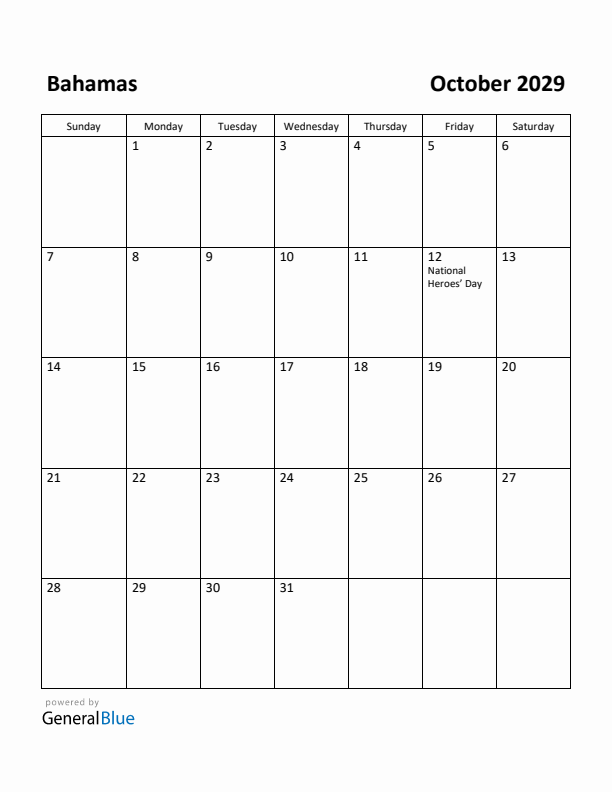 October 2029 Calendar with Bahamas Holidays