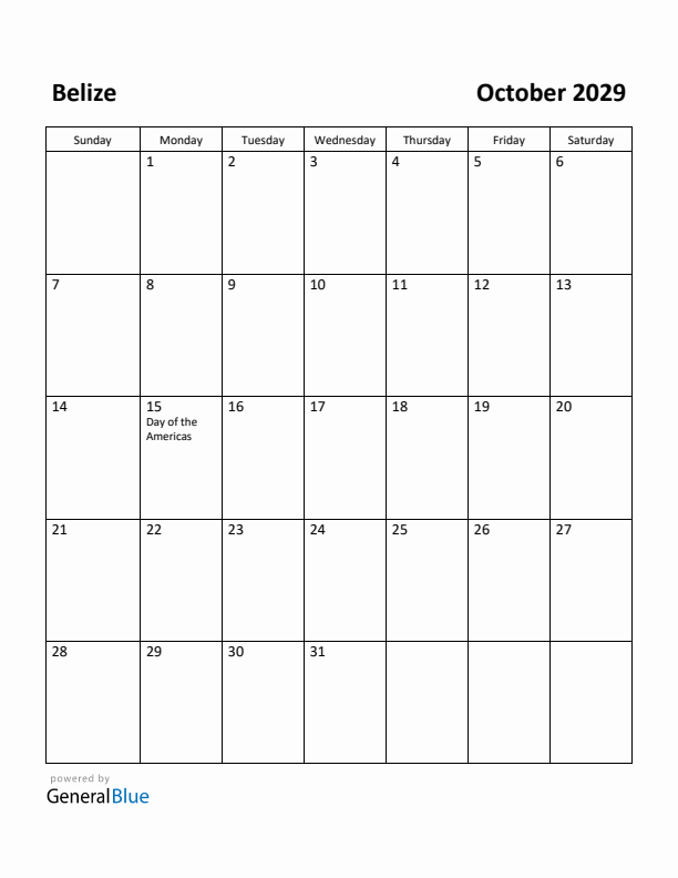 October 2029 Calendar with Belize Holidays