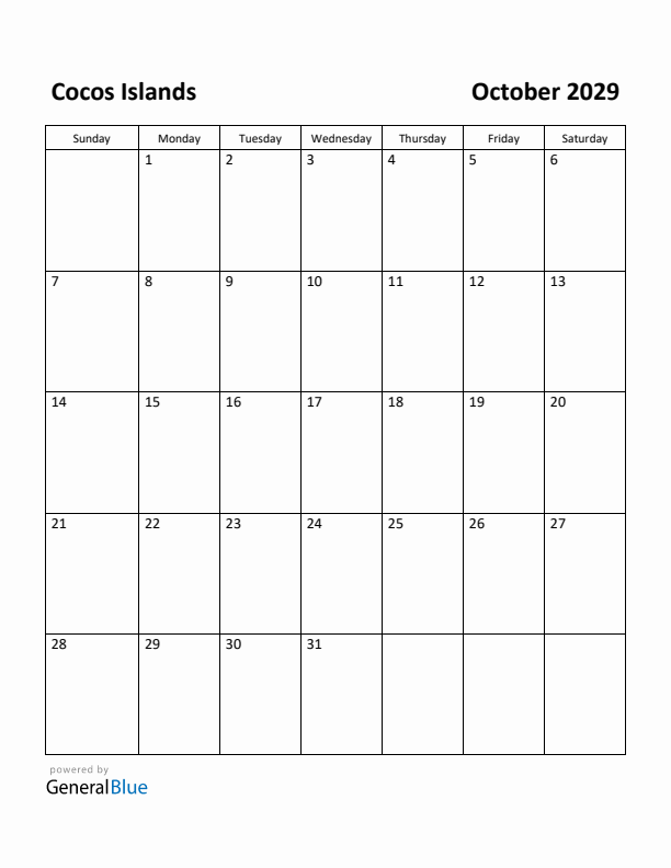 October 2029 Calendar with Cocos Islands Holidays