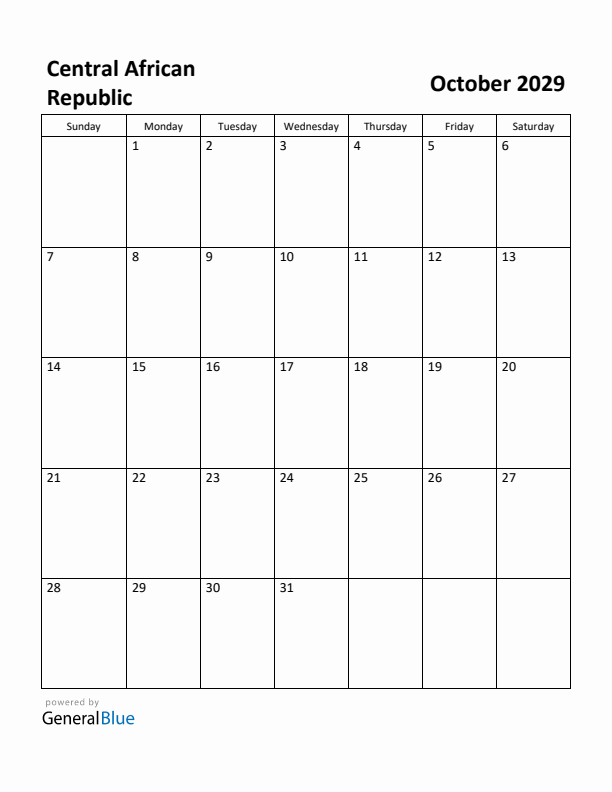 October 2029 Calendar with Central African Republic Holidays