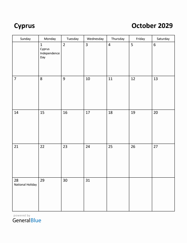 October 2029 Calendar with Cyprus Holidays