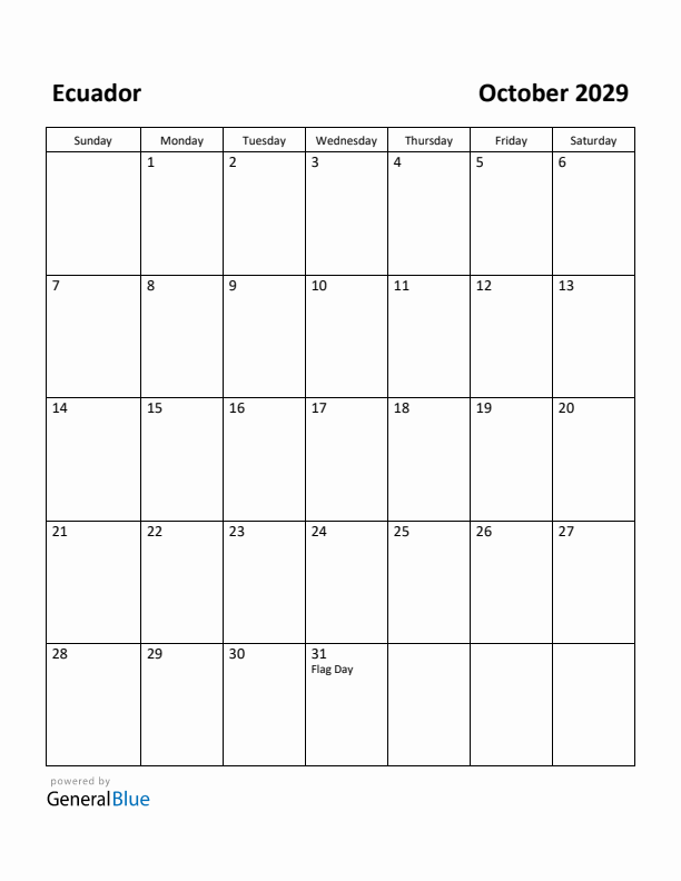 October 2029 Calendar with Ecuador Holidays