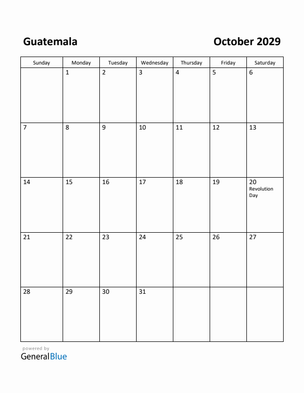 October 2029 Calendar with Guatemala Holidays