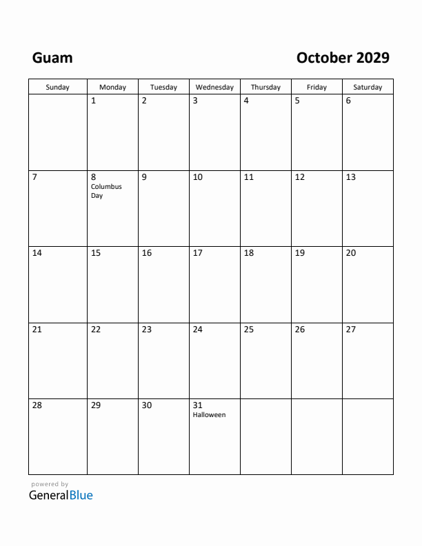 October 2029 Calendar with Guam Holidays
