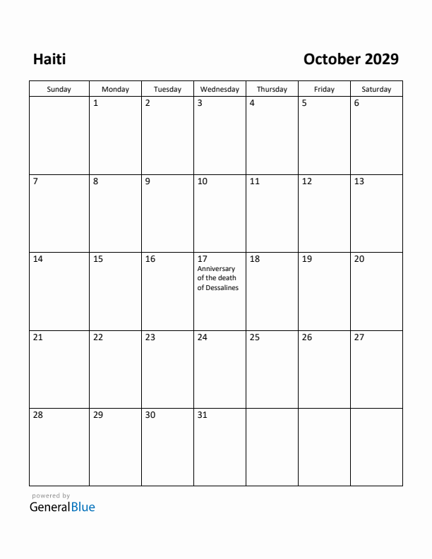 October 2029 Calendar with Haiti Holidays