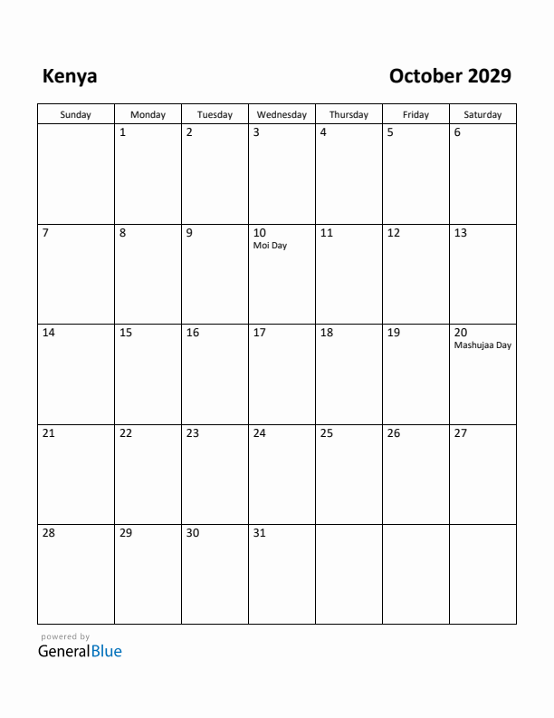 October 2029 Calendar with Kenya Holidays