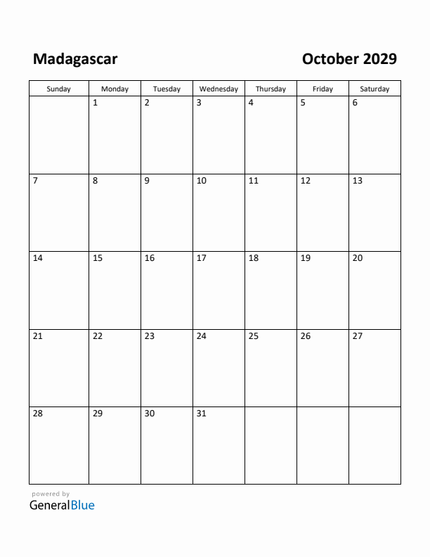 October 2029 Calendar with Madagascar Holidays