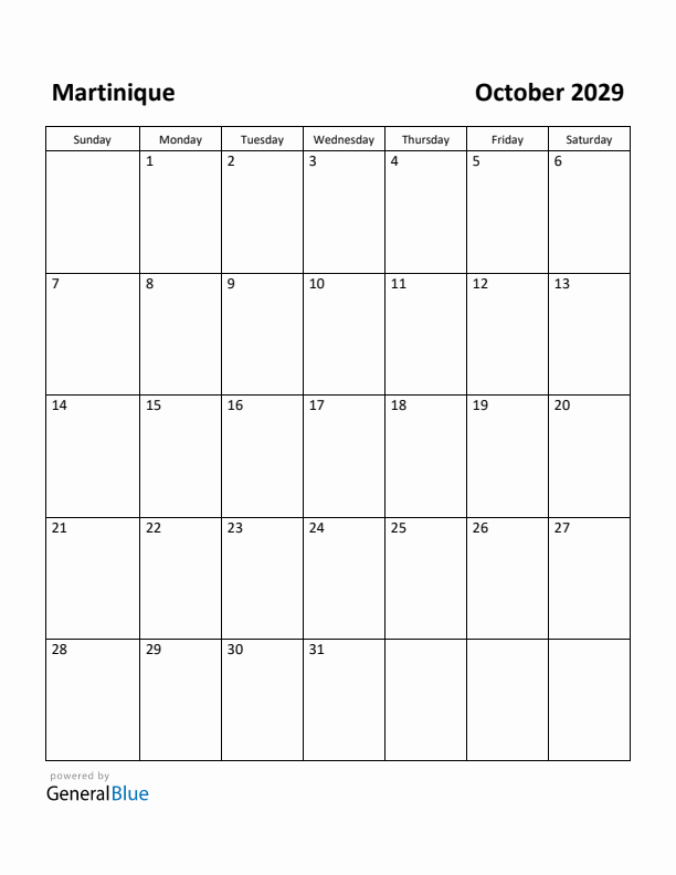 October 2029 Calendar with Martinique Holidays