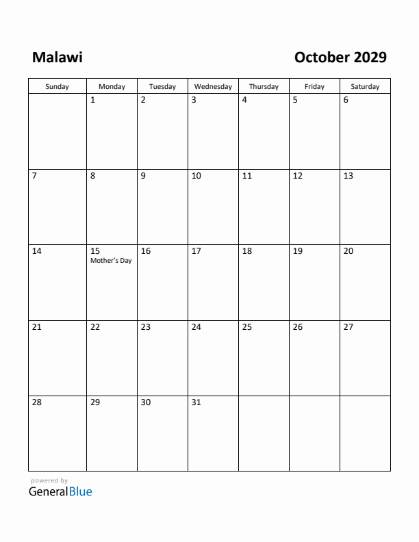October 2029 Calendar with Malawi Holidays