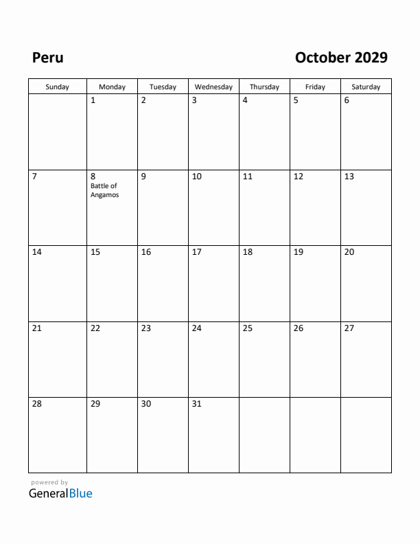 October 2029 Calendar with Peru Holidays