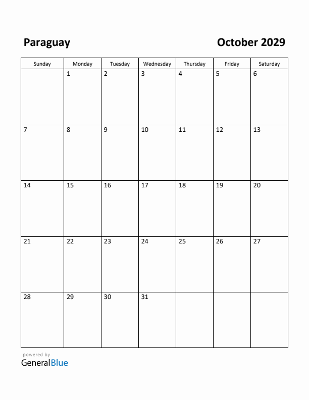 October 2029 Calendar with Paraguay Holidays