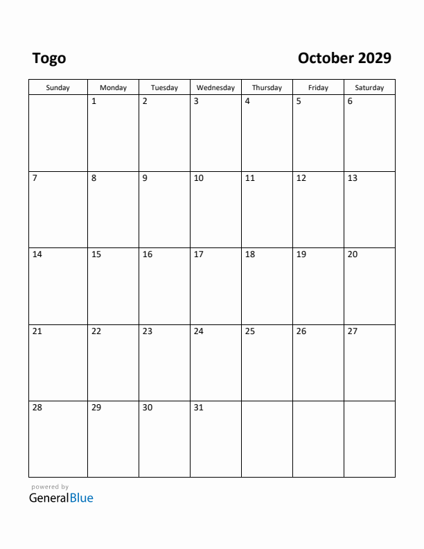 October 2029 Calendar with Togo Holidays