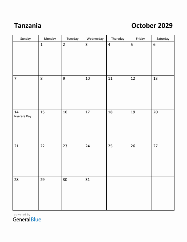 October 2029 Calendar with Tanzania Holidays