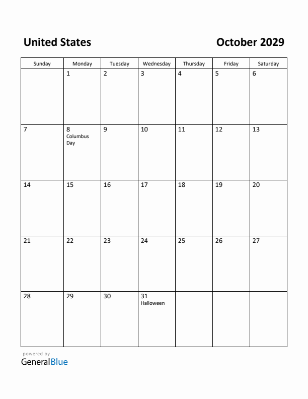 October 2029 Calendar with United States Holidays