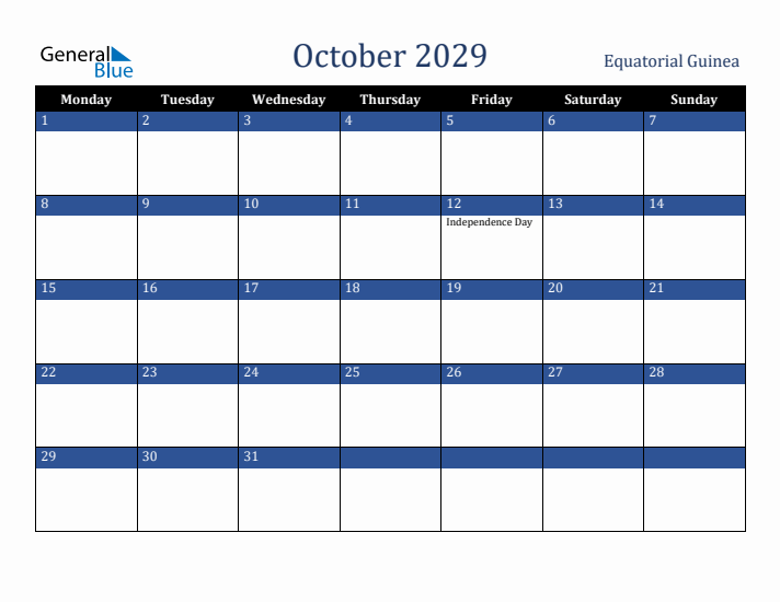 October 2029 Equatorial Guinea Calendar (Monday Start)