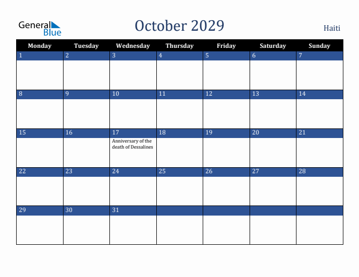 October 2029 Haiti Calendar (Monday Start)