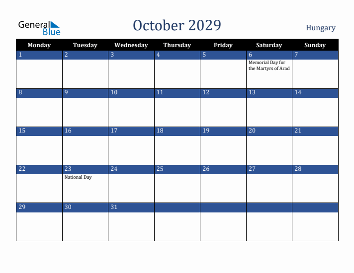 October 2029 Hungary Calendar (Monday Start)