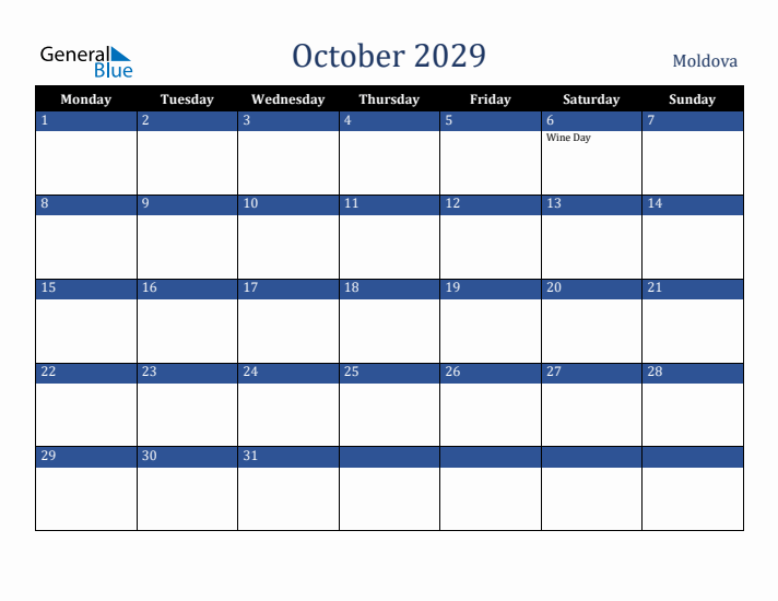 October 2029 Moldova Calendar (Monday Start)