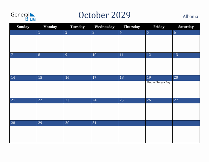 October 2029 Albania Calendar (Sunday Start)