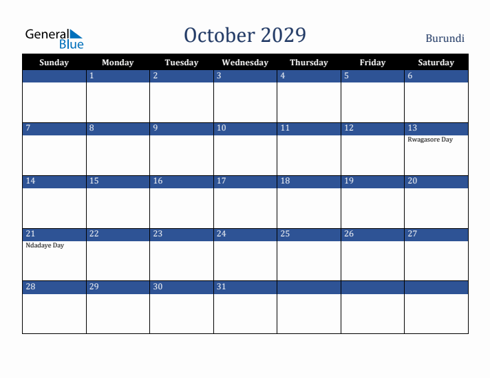 October 2029 Burundi Calendar (Sunday Start)