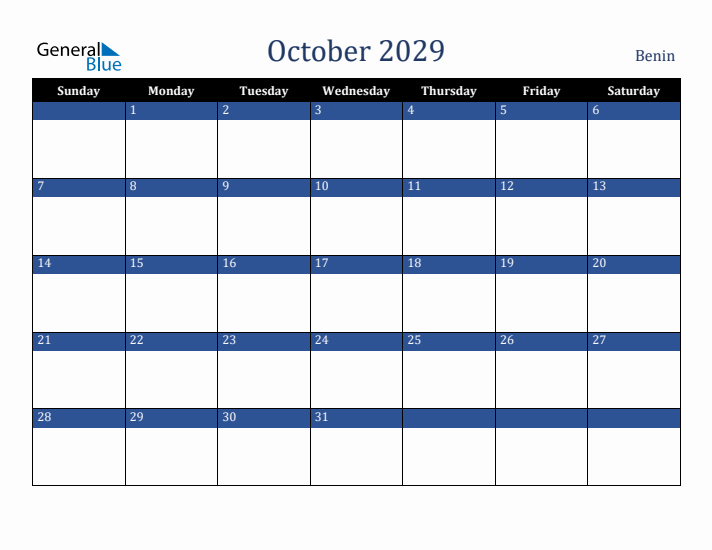 October 2029 Benin Calendar (Sunday Start)