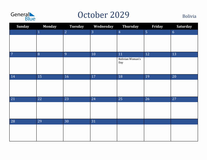 October 2029 Bolivia Calendar (Sunday Start)
