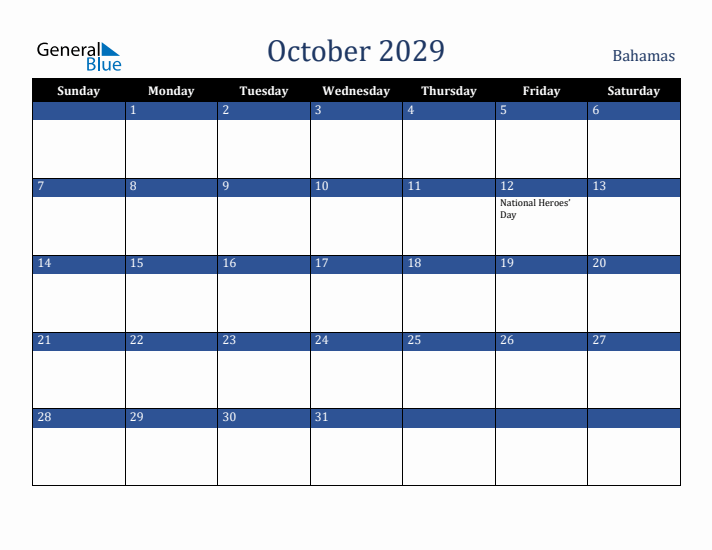 October 2029 Bahamas Calendar (Sunday Start)