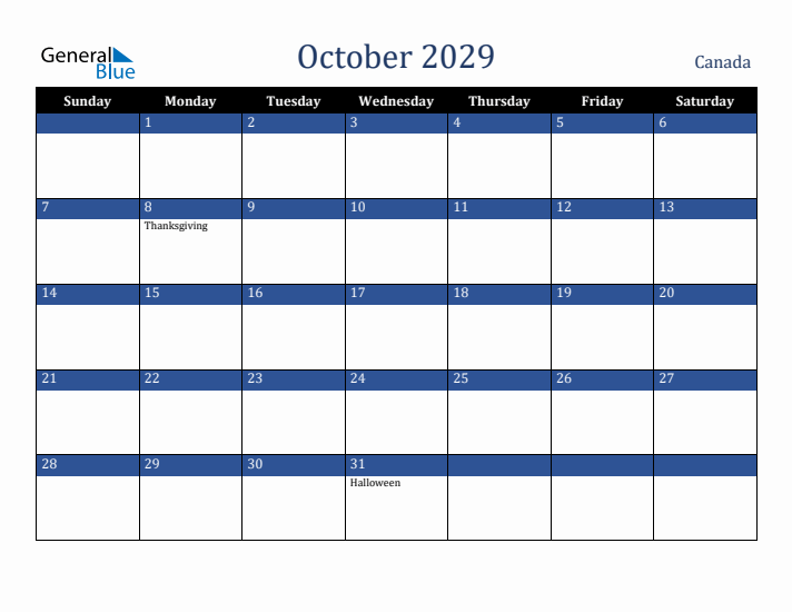 October 2029 Canada Calendar (Sunday Start)