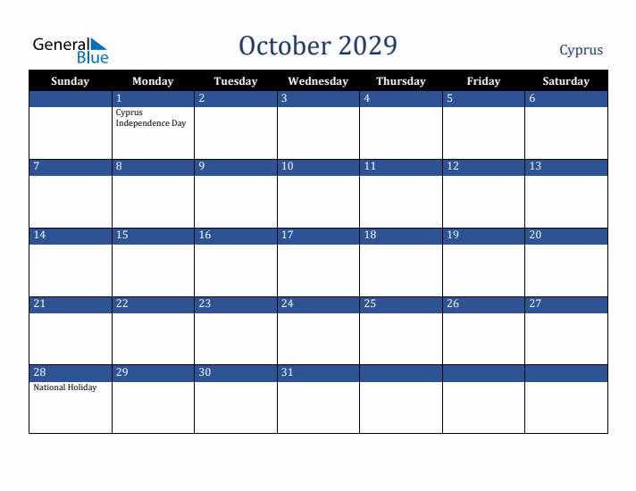 October 2029 Cyprus Calendar (Sunday Start)