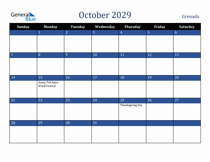 October 2029 Grenada Calendar (Sunday Start)